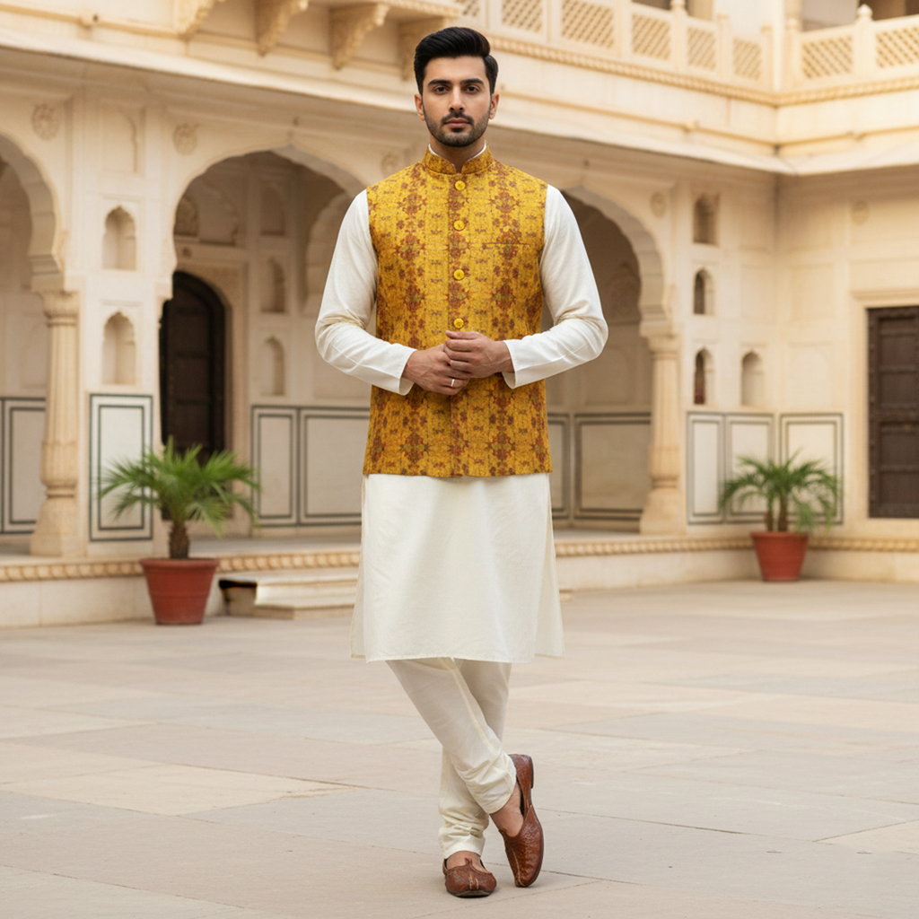 Men’s Mustard Textured Nehru Jacket with Ivory Kurta Pajama – Festive & Wedding