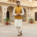 Men’s Mustard Textured Nehru Jacket with Ivory Kurta Pajama – Festive & Wedding