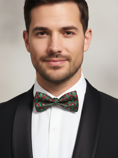 Elegant Red and Green Geometric Pattern Silk Bow Tie