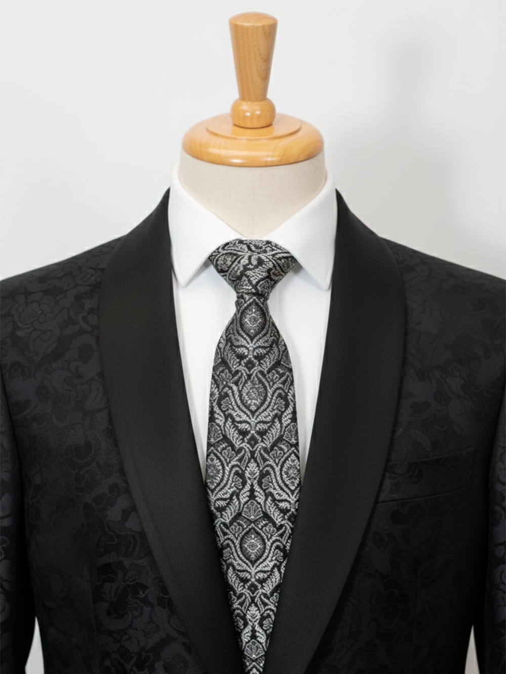 Premium Men's Silk-Blend Necktie – Classic Charcoal Black and Silver Grey Tie with Elegant Vintage Damask Baroque Floral Pattern