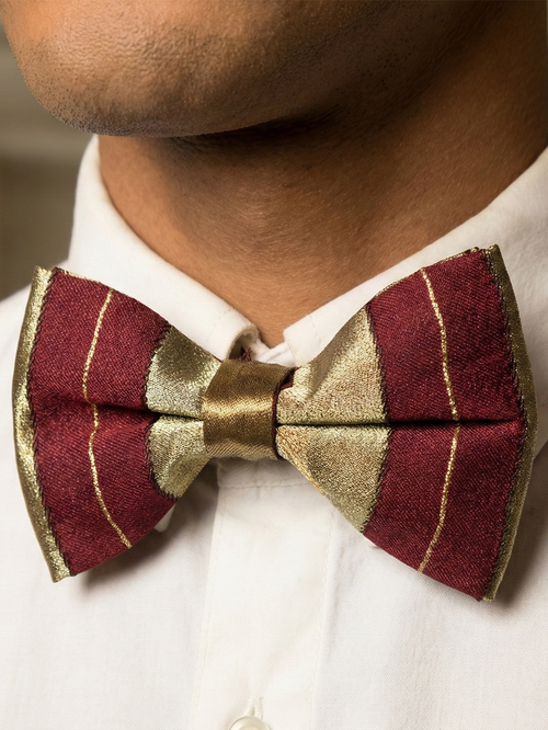 Burgundy and Gold Striped Men's Bow Tie, Premium Pre-Tied Maroon Tuxedo Bowtie with Metallic Accents, Adjustable Necktie