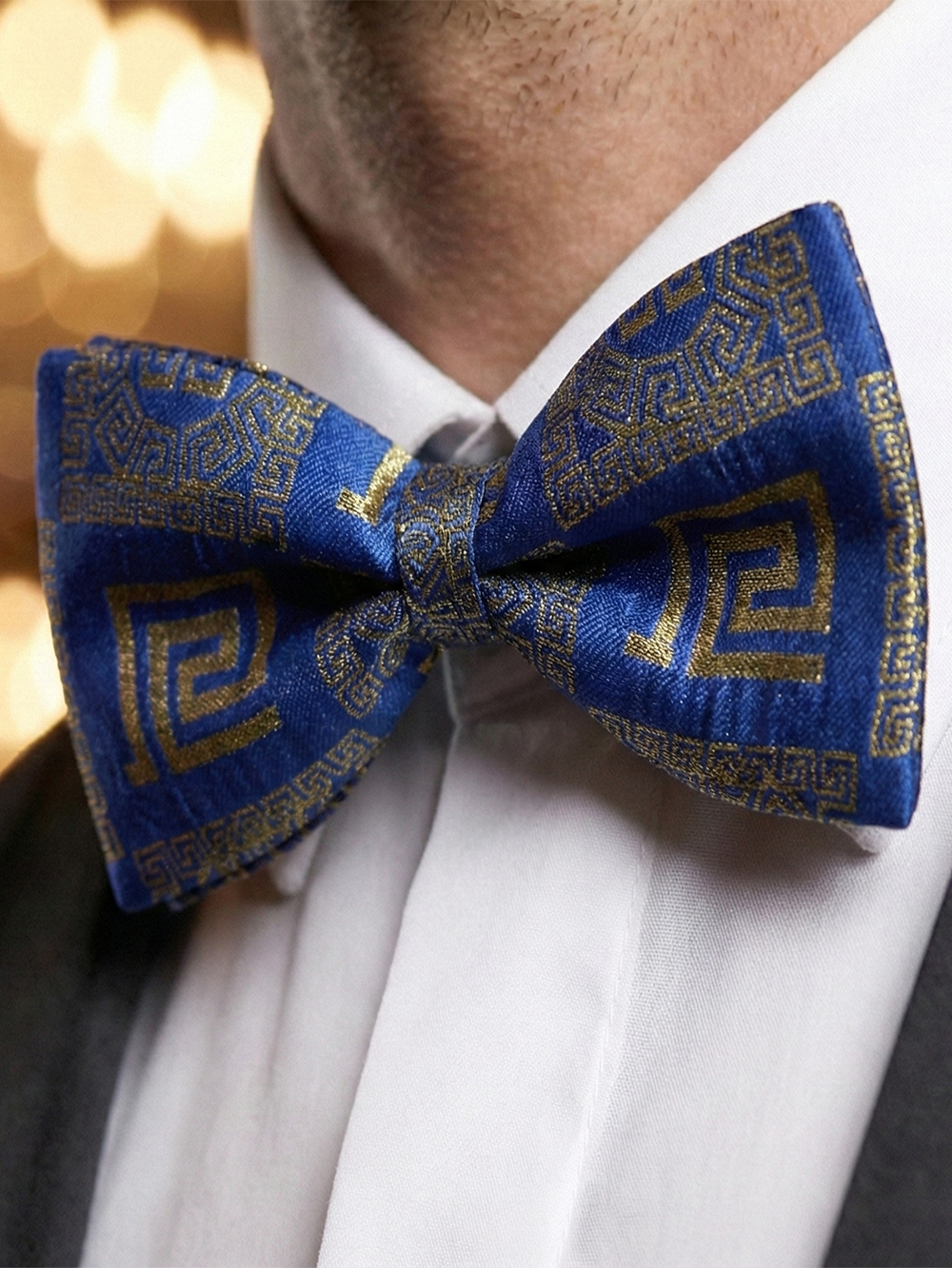 Royal Blue and Gold Greek Key Pre-Tied Bow Tie