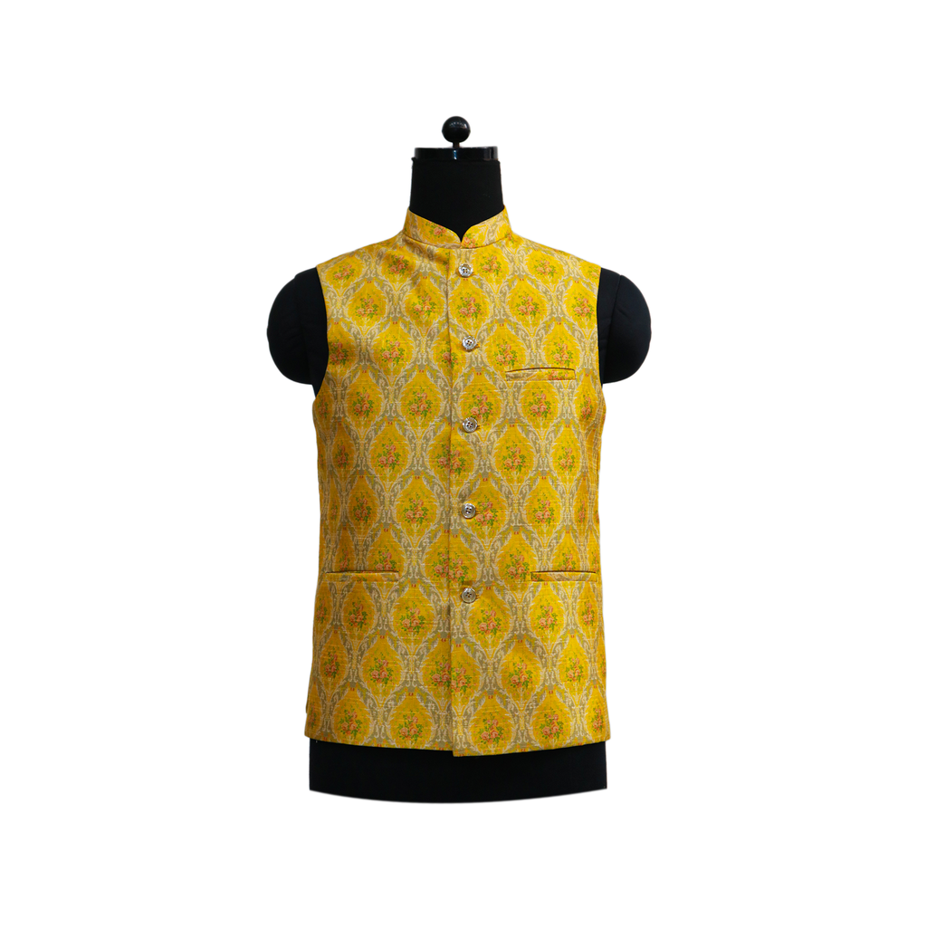 Men’s Yellow Jacquard Nehru Jacket with Ivory Kurta  Pajama – Festive & Wedding Wear