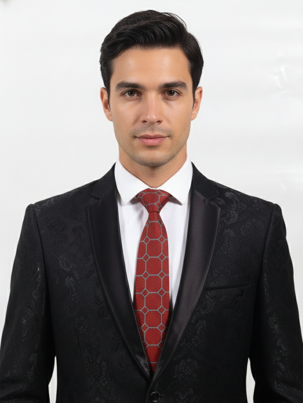 Premium Men's Silk-Blend Necktie – Crimson Red and Terracotta Tie with Antique Gold and Charcoal Vintage Baroque Floral Medallion Pattern