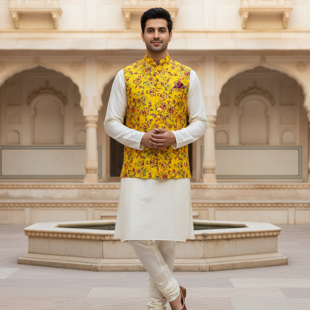 Men’s Yellow Floral Printed Nehru Jacket with Ivory Kurta  Pajama – Festive & Wedding Wear Set