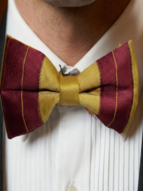 Classic Burgundy and Gold Striped Silk Men's Bow Tie