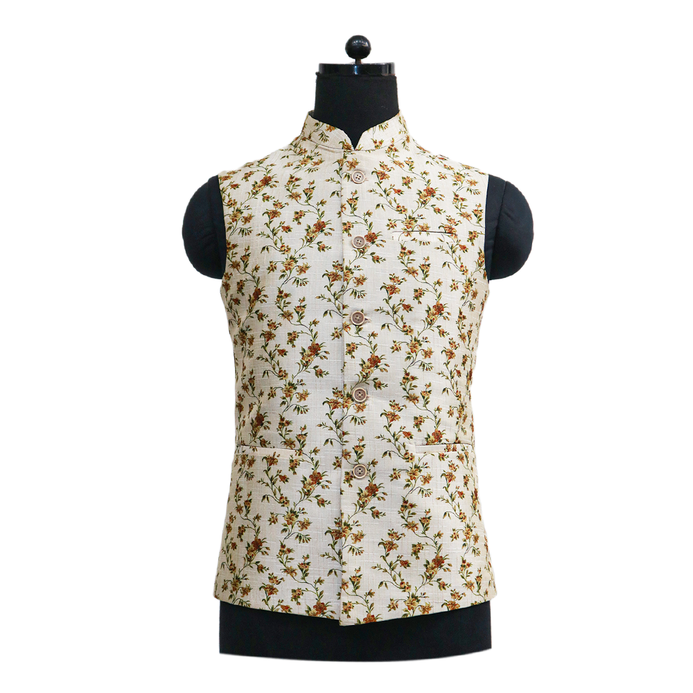 Men’s Ivory Floral Nehru Jacket with Kurta Pajama – Elegant  Festive Wear