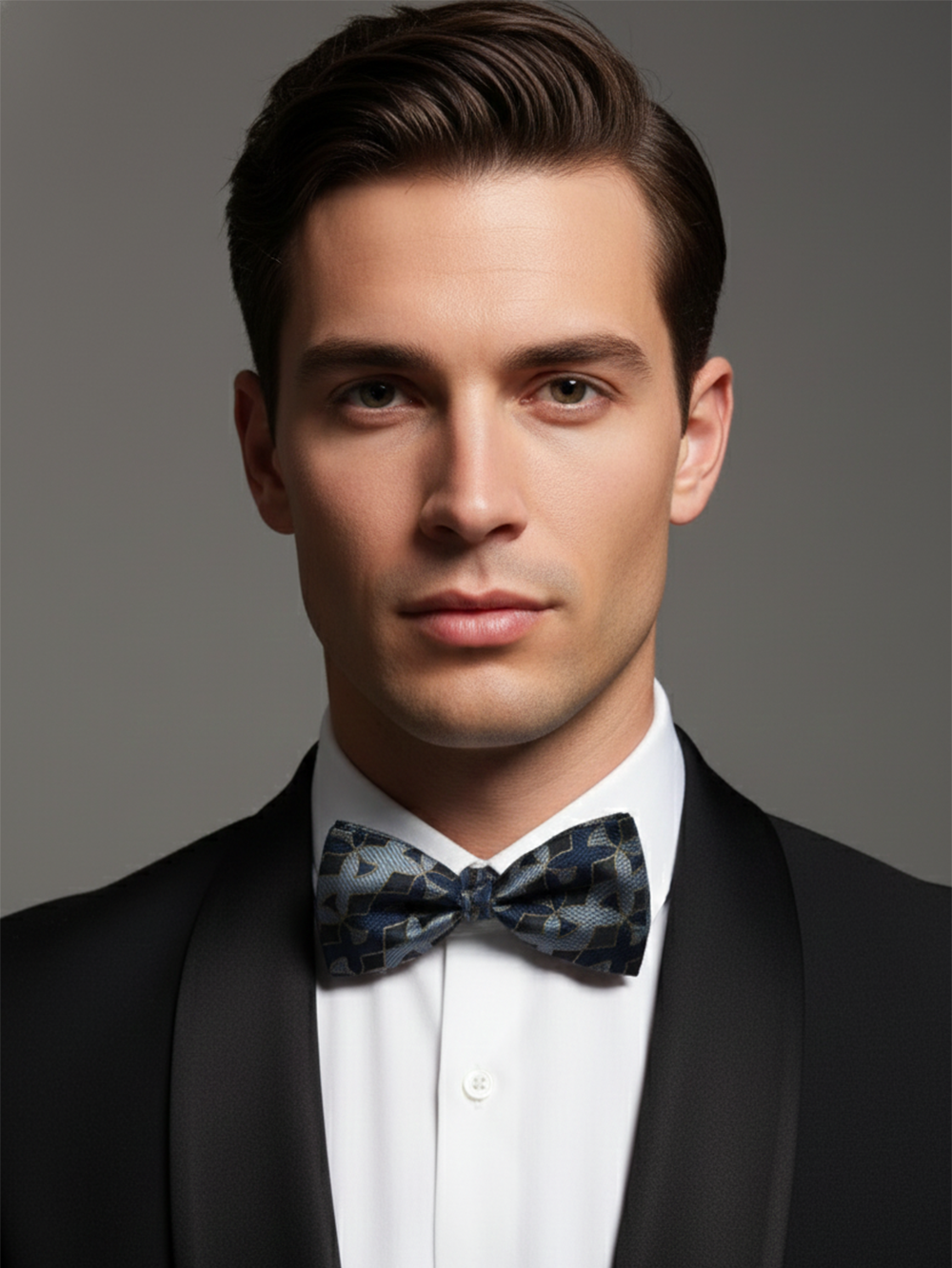 Sophisticated Navy Blue and Gold Geometric Men's Bow Tie