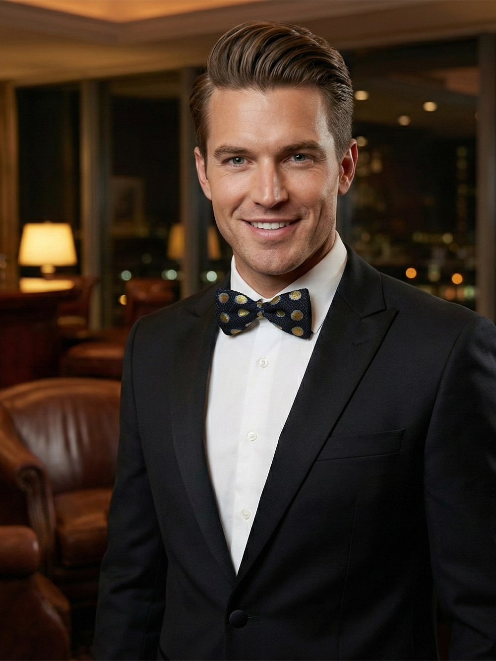 Elegant Black Bow Tie with Gold and Blue Polka Dots