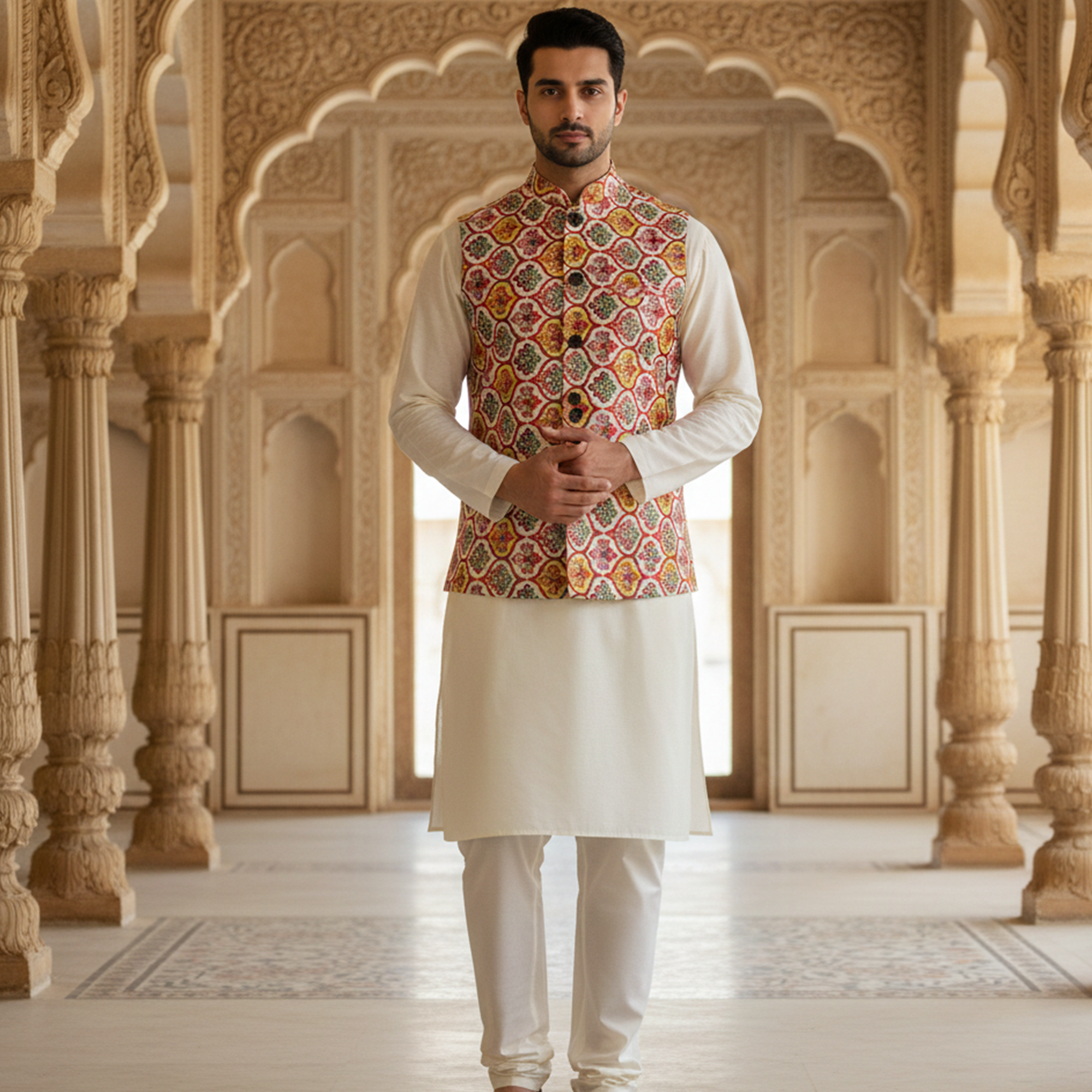 Men’s Multicolor Heritage Print Nehru Jacket with Ivory  Kurta Pajama – Festive Ethnic Wear