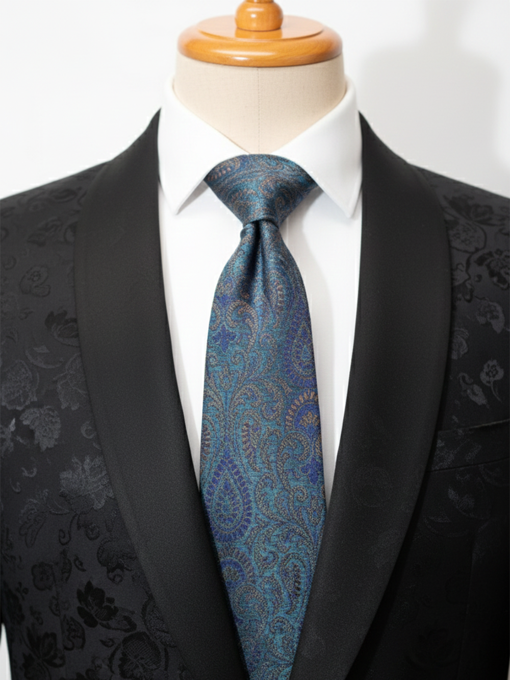 Premium Men's Paisley Silk-Blend Necktie – Teal Blue and Teal Green Tie with Elegant Purple, Navy, and Gold Vintage Jacquard Motif