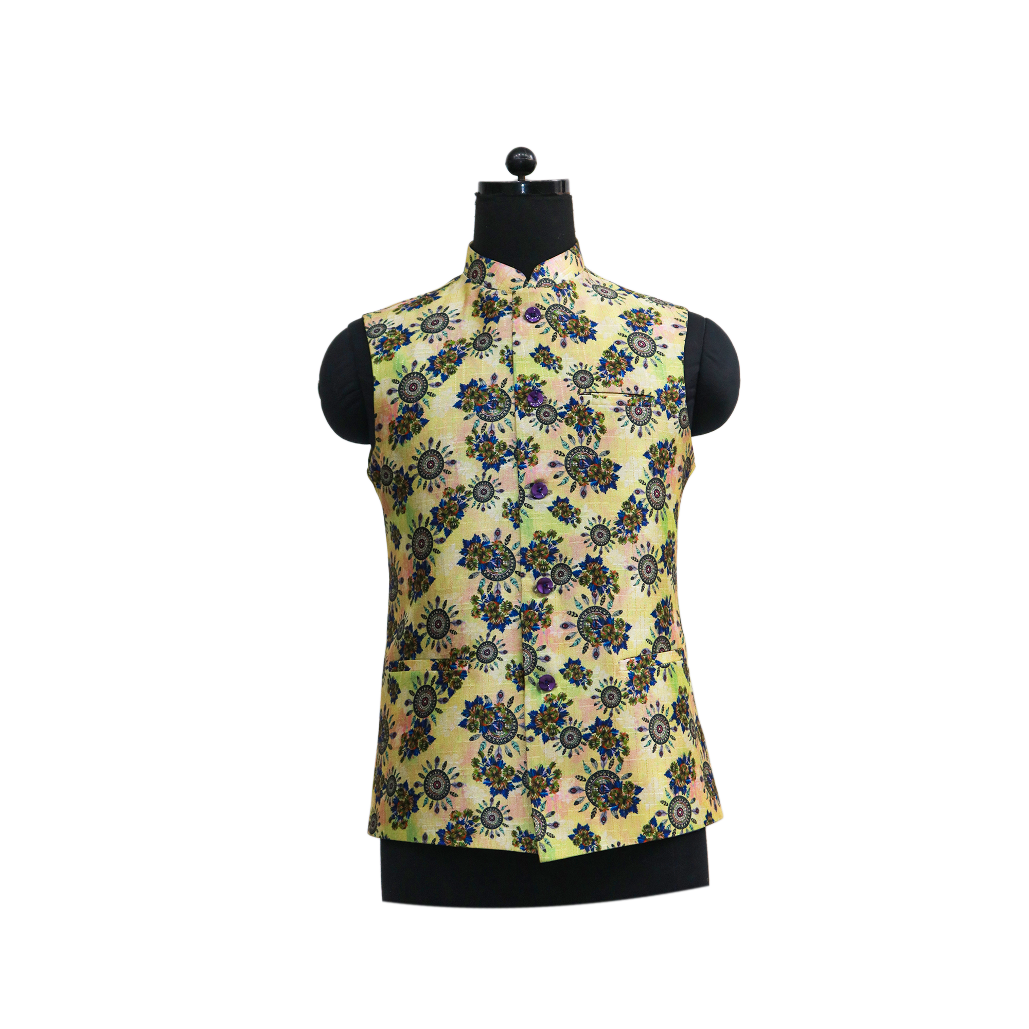 Men’s Yellow Floral Nehru Jacket with Ivory Kurta Pajama –  Elegant Festive Ethnic Wear