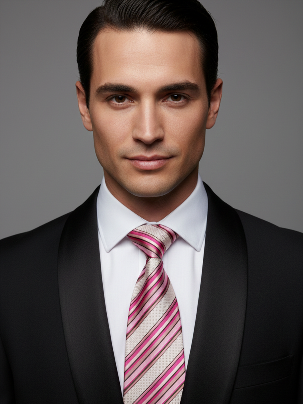 Premium Men's Striped Silk-Blend Necktie – White and Pink Diagonal Stripe Tie with Magenta and Maroon Accents