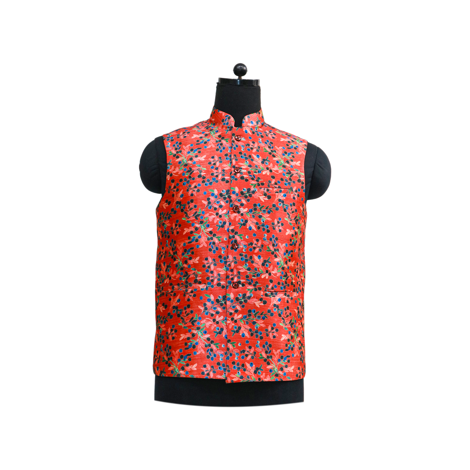 Men’s Red Floral Print Nehru Jacket with Ivory Kurta Pajama –  Festive & Wedding Wear