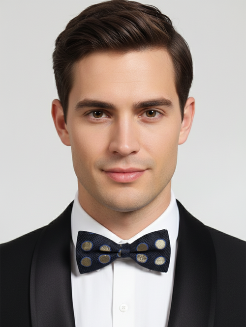 Classic Navy Blue And Gold Polka Dot Men's Bow Tie