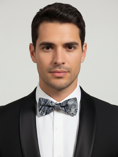 Elegant Navy Blue And Silver Baroque Paisley Bow Tie