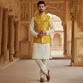 Men’s Yellow Jacquard Nehru Jacket with Ivory Kurta  Pajama – Festive & Wedding Wear
