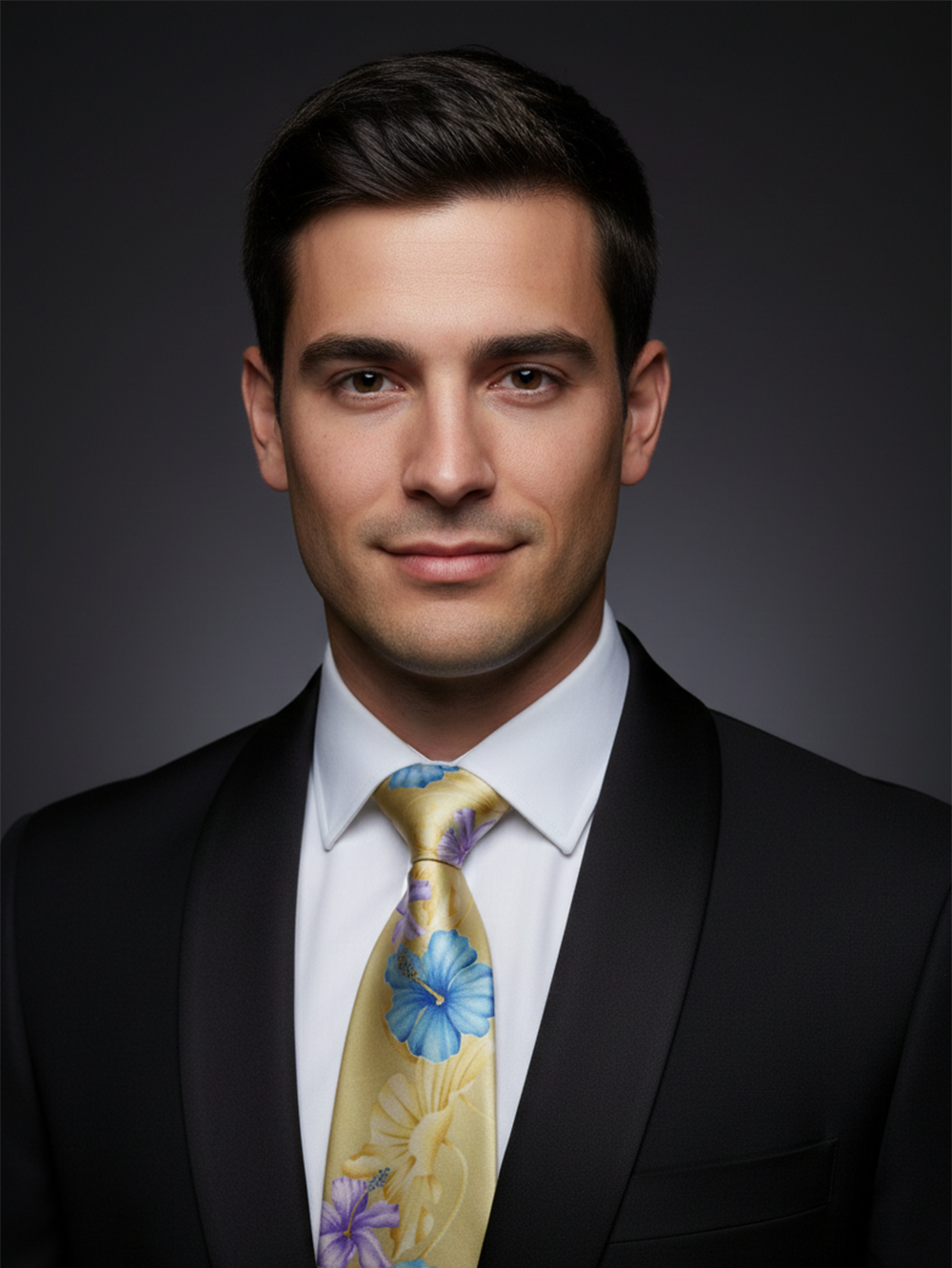Premium Men's Tropical Floral Necktie – Pale Champagne Yellow Tie with Blue and Purple Hibiscus Pattern
