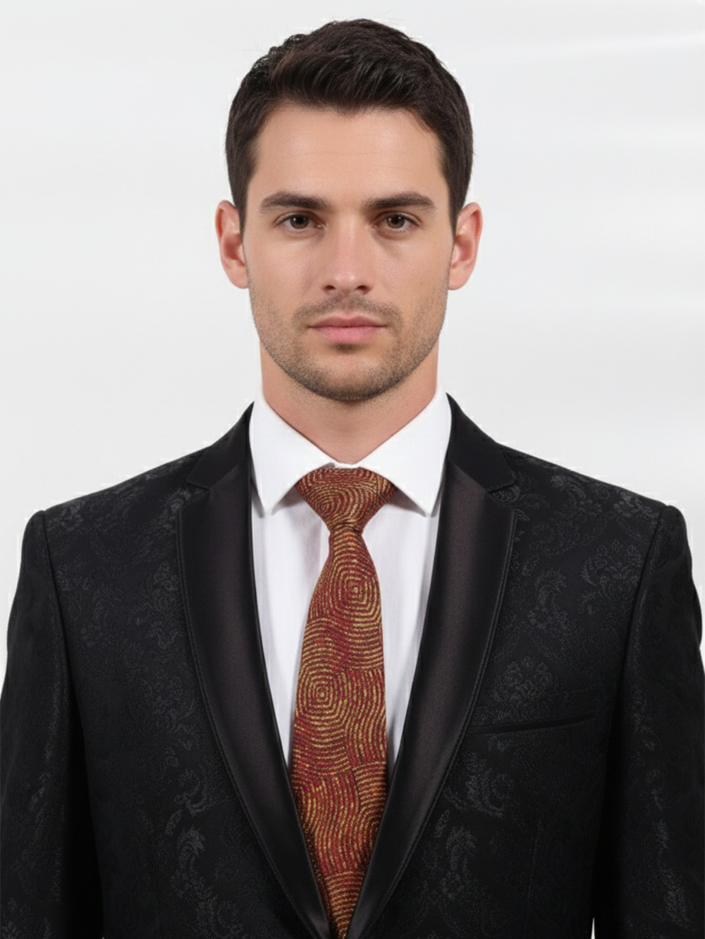 Premium Men's Silk-Blend Necktie – Crimson Burgundy Red Tie with Elegant Antique Gold Textured Wave and Concentric Diamond Geometric Pattern