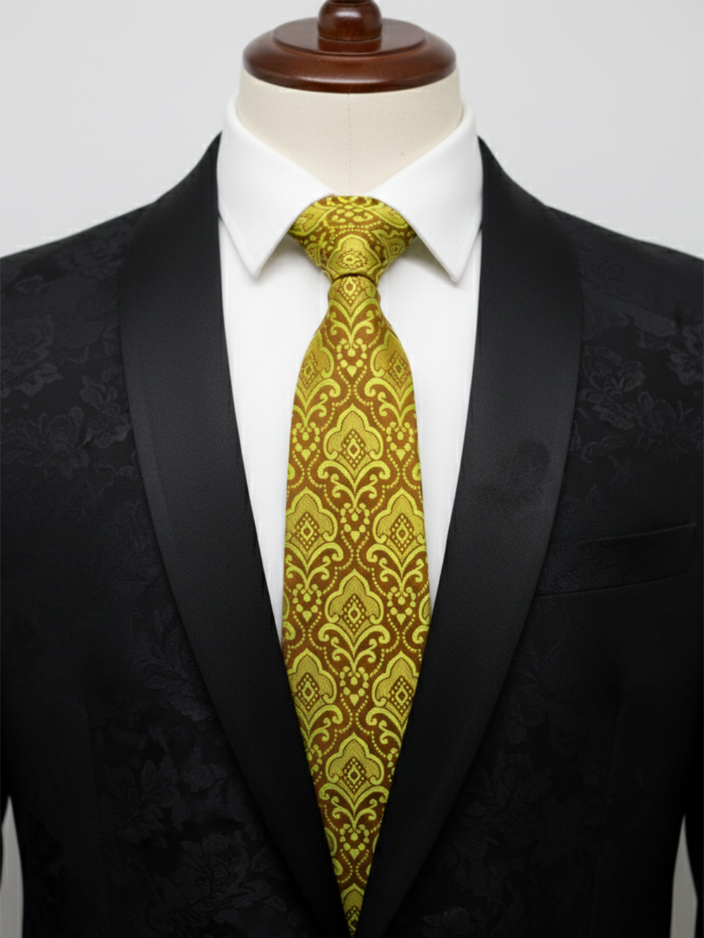 Premium Men's Silk-Blend Necktie – Olive Green and Mustard Gold Tie with Elegant Vintage Baroque Floral Medallion Pattern