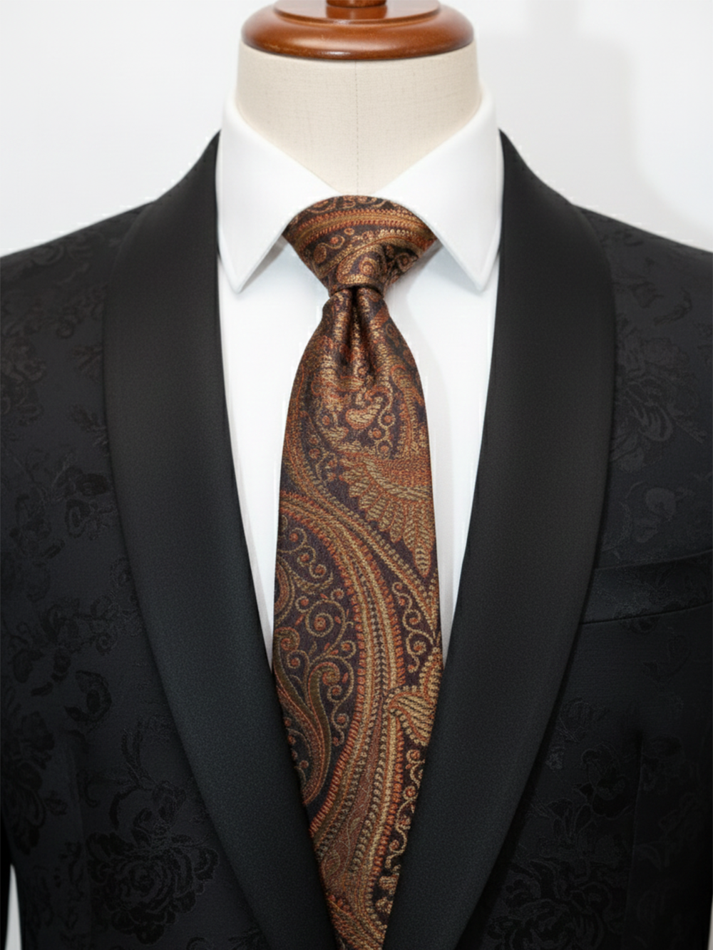Premium Men's Paisley Silk-Blend Necktie – Dark Chocolate Brown Tie with Copper, Bronze, and Gold Vintage Jacquard Motif