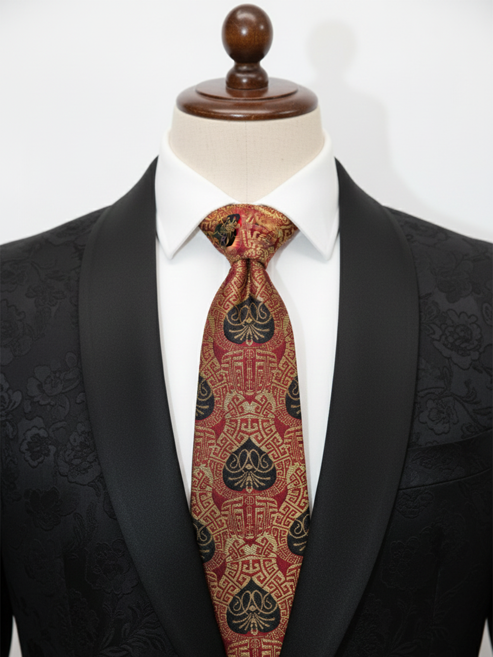 Premium Men's Silk-Blend Necktie – Crimson Red and Antique Gold Tie with Ornate Black Spade Medallions and Geometric Maze Pattern