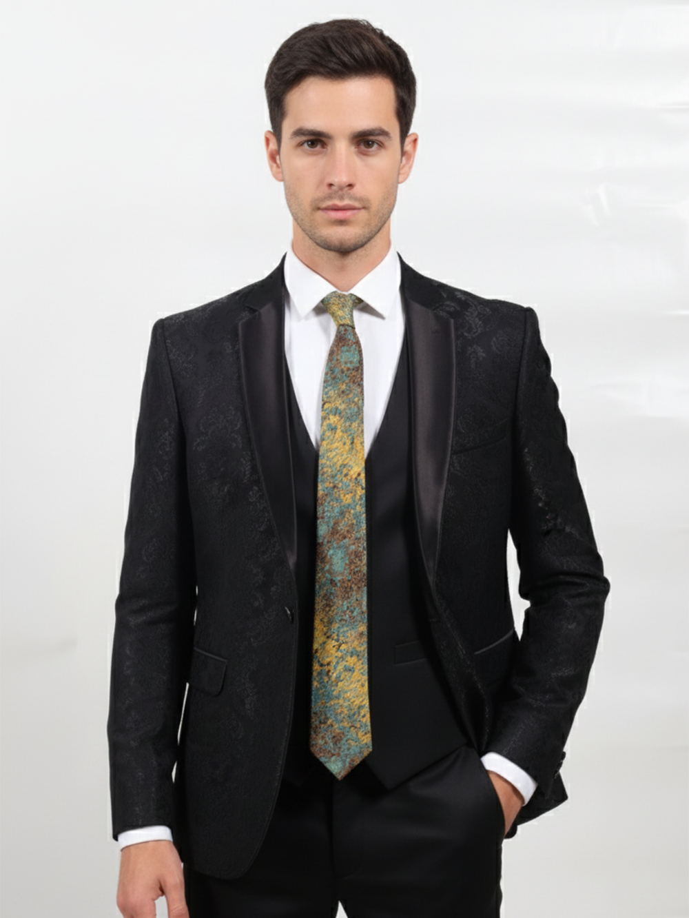 Premium Men's Silk-Blend Necktie – Muted Sage Green and Antique Gold Tie with Elegant Abstract Distressed Marble Splatter Pattern