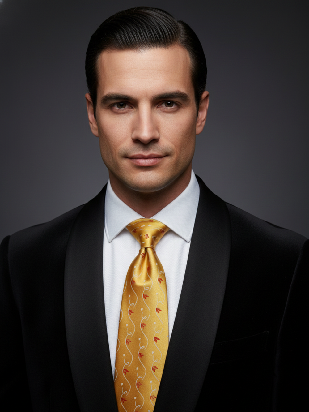 Premium Men's Silk-Blend Necktie – Mustard Gold Tie with Elegant White Swirls and Red Chevron Accents