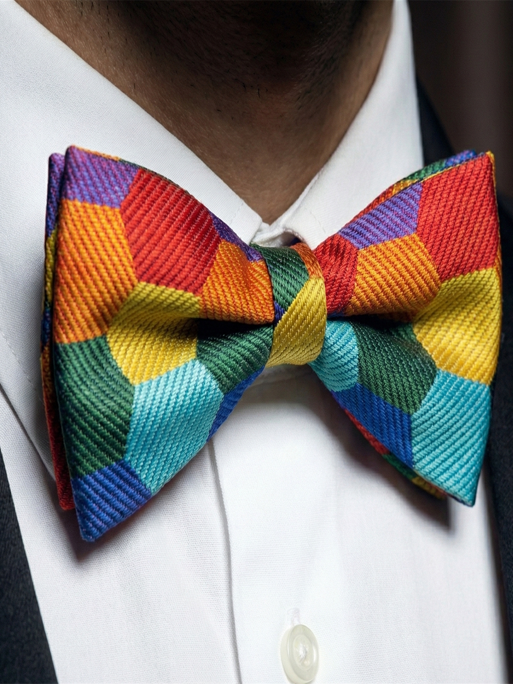 Vibrant Rainbow Geometric Hexagon Pattern Pre-Tied Bow Tie