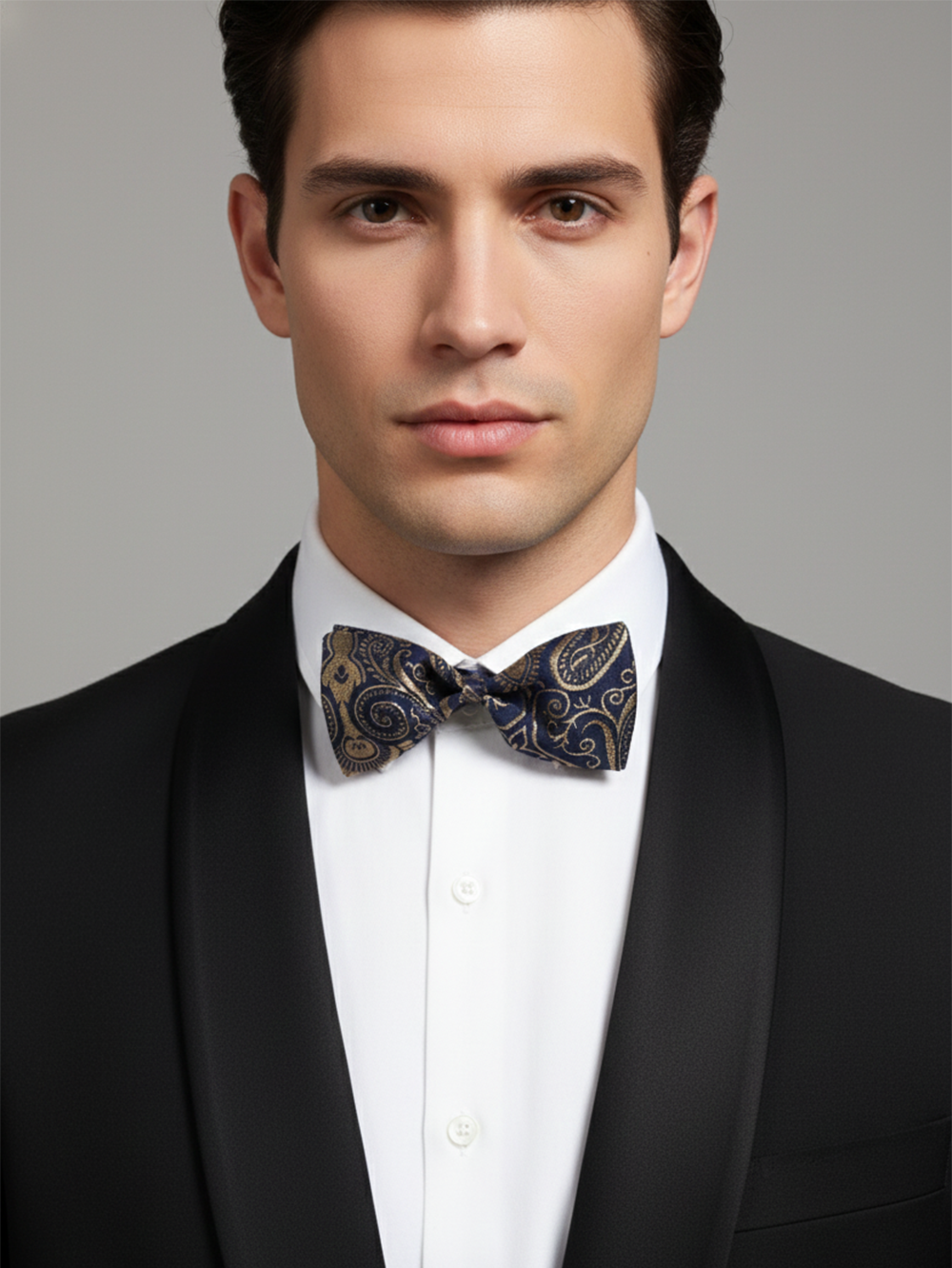 Elegant Navy Blue And Gold Paisley Men's Bow Tie