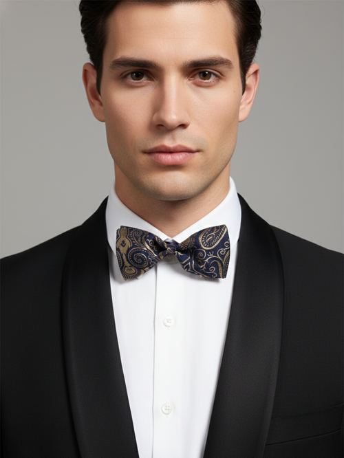 Elegant Navy Blue And Gold Paisley Men's Bow Tie