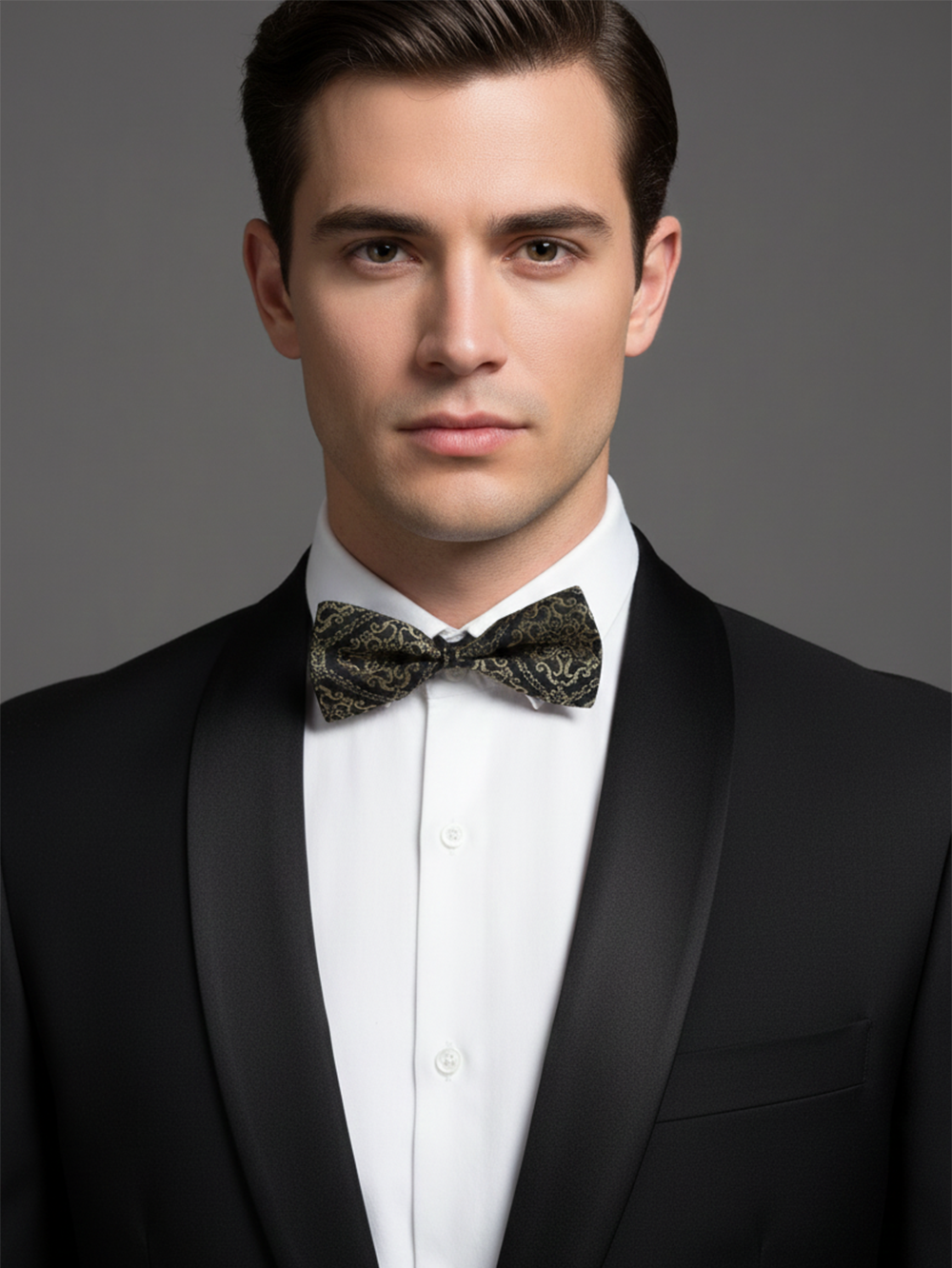 Luxurious Black and Metallic Gold Baroque Pattern Men's Bow Tie