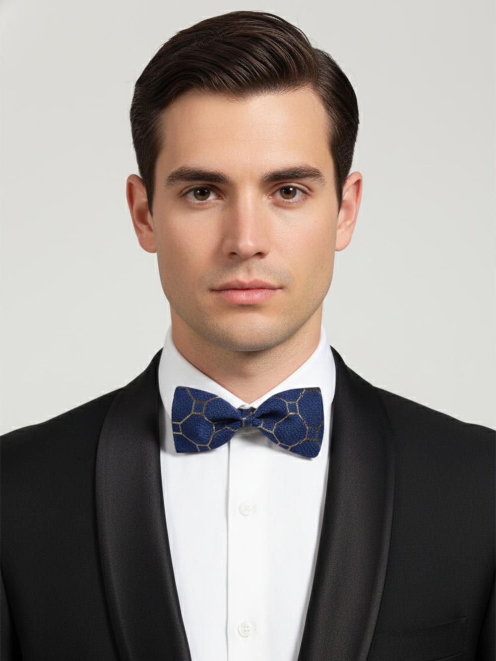 Luxury Navy Blue and Gold Geometric Honeycomb Men's Bow Tie
