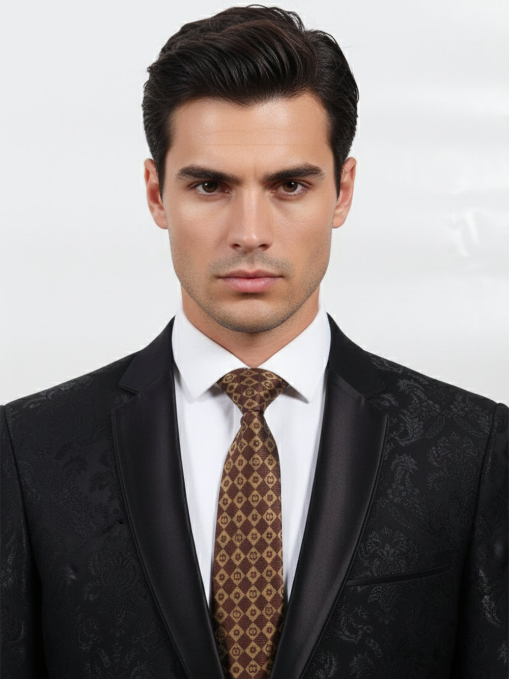 Premium Men's Silk-Blend Necktie – Espresso Brown and Tan Checkered Tie with Elegant Geometric Diamond Lattice and Micro Floral Pattern