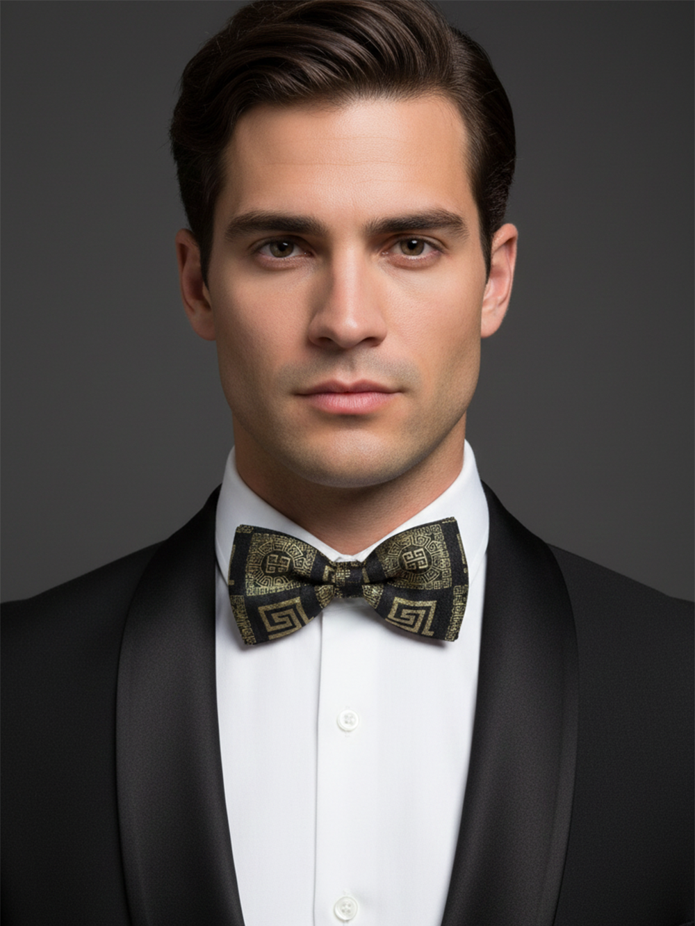 Luxury Black and Gold Greek Key Medallion Men's Bow Tie