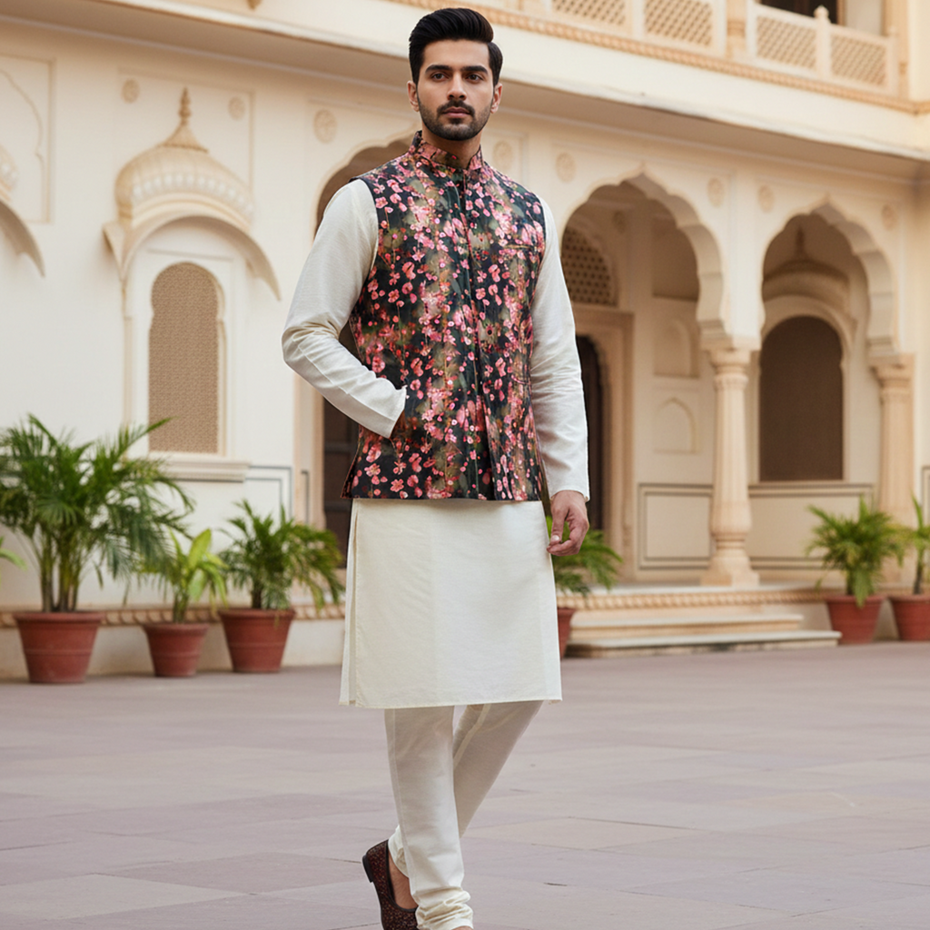 Men’s Black Floral Printed Nehru Jacket with Ivory  Kurta Pajama – Elegant Festive Ensemble