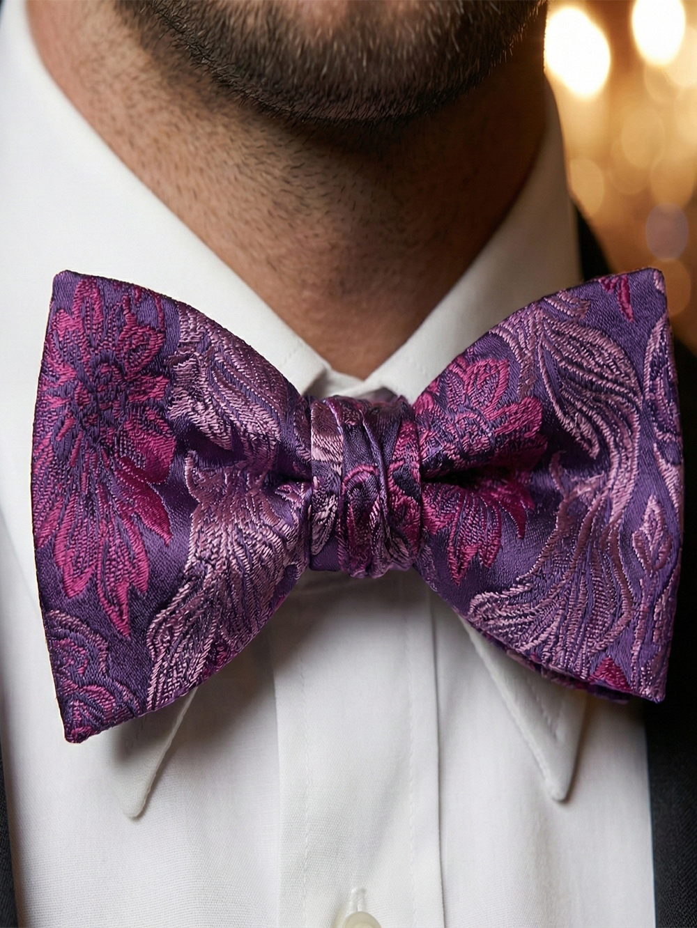 Exquisite Royal Purple Floral Brocade Pre-Tied Formal Bow Tie