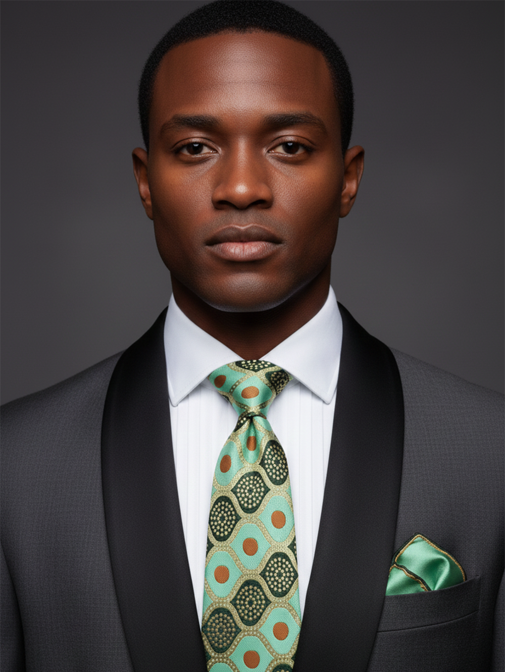 Premium Men's Silk-Blend Necktie – Mint Green and Teal Tie with Terracotta Orange Dots, Gold Accents, and Retro Geometric Mosaic Pattern