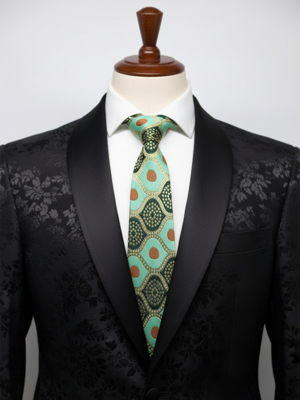 Premium Men's Silk-Blend Necktie – Mint Green and Sage Tie with Terracotta Orange Dots, Gold Accents, and Retro Geometric Mosaic Pattern