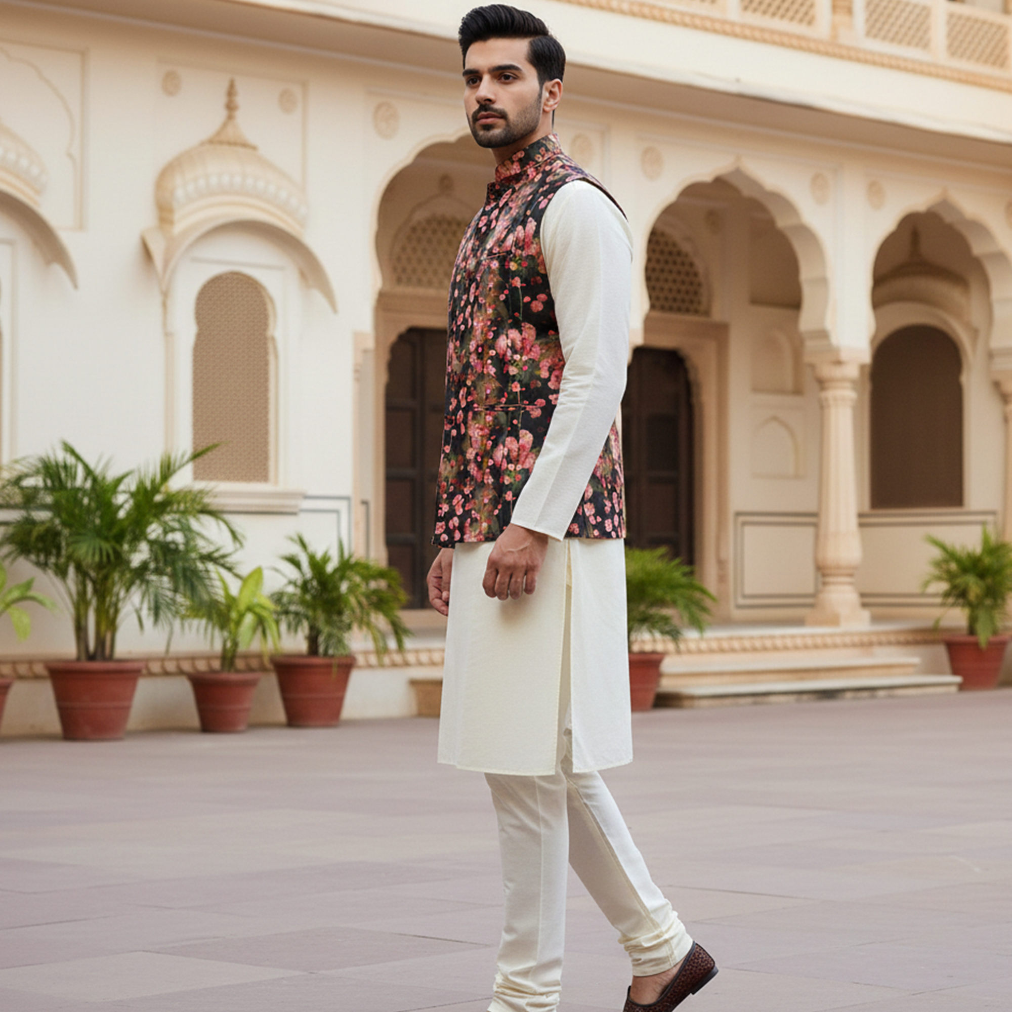 Men’s Black Floral Printed Nehru Jacket with Ivory  Kurta Pajama – Elegant Festive Ensemble
