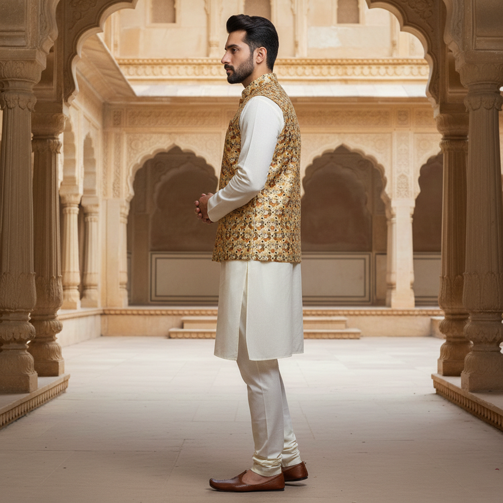 Men’s Floral Print Nehru Jacket with Ivory Kurta Pajama –  Elegant Festive Ensemble