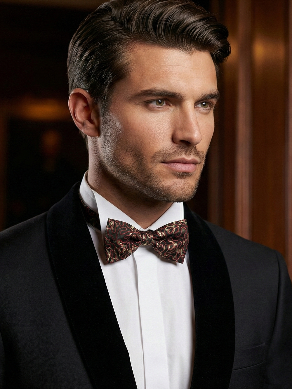 Black Gold and Red Abstract Brocade Pre-Tied Bow Tie