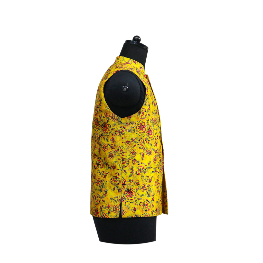 Men’s Yellow Floral Printed Nehru Jacket with Ivory Kurta  Pajama – Festive & Wedding Wear Set