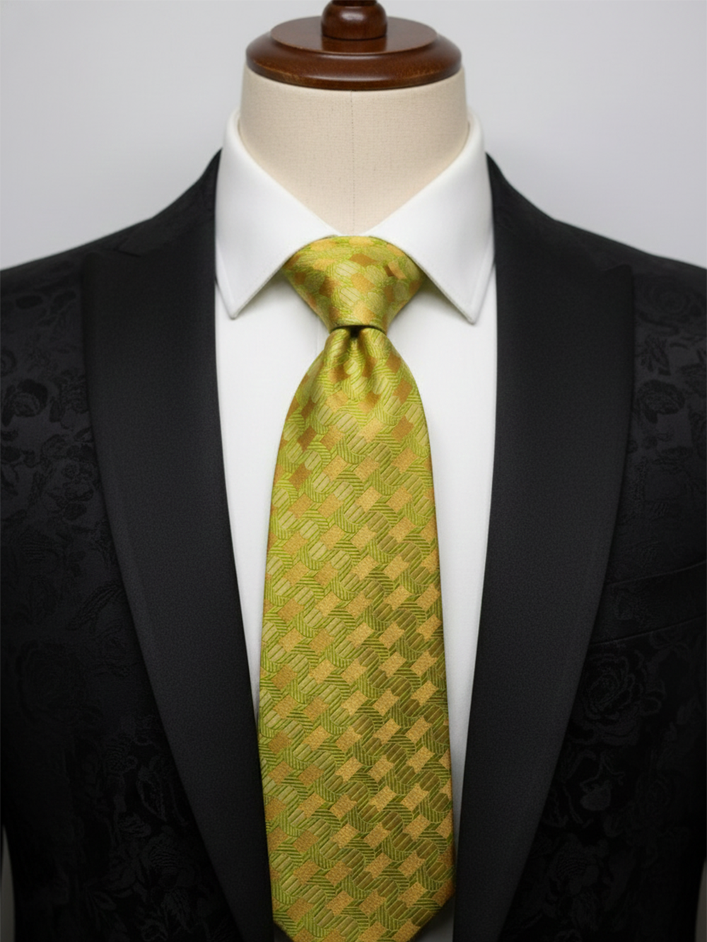 Men's Premium Silk Necktie – Elegant Olive Green and Gold Geometric Patterned Tie