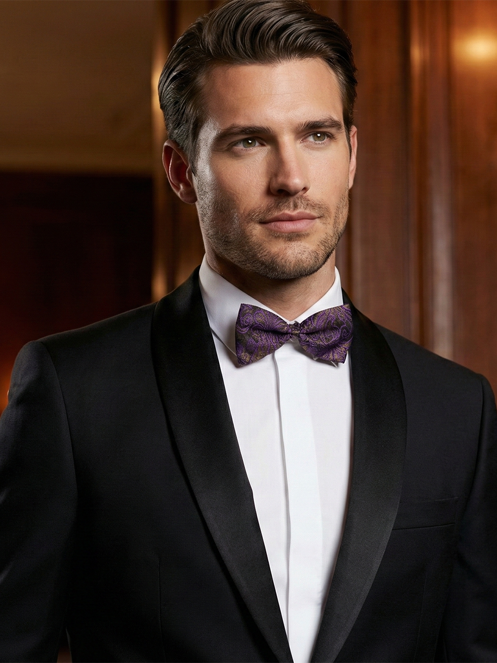 Regal Purple and Gold Paisley Pre-Tied Formal Bow Tie