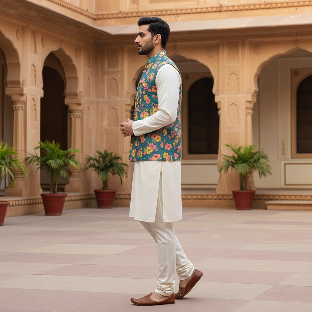 Men’s Teal Floral Printed Nehru Jacket with Ivory Kurta  Pajama – Festive & Wedding Wear