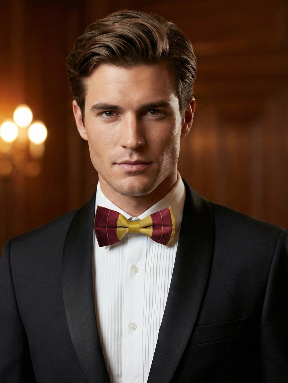 Classic Burgundy and Gold Striped Silk Men's Bow Tie