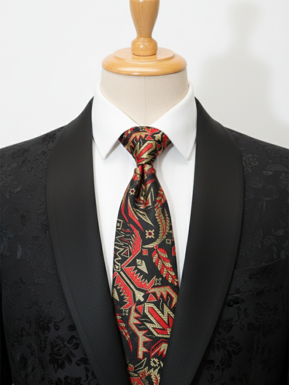 Premium Men's Silk-Blend Necktie – Matte Black Tie with Red and Metallic Gold Abstract Geometric Tribal Motif