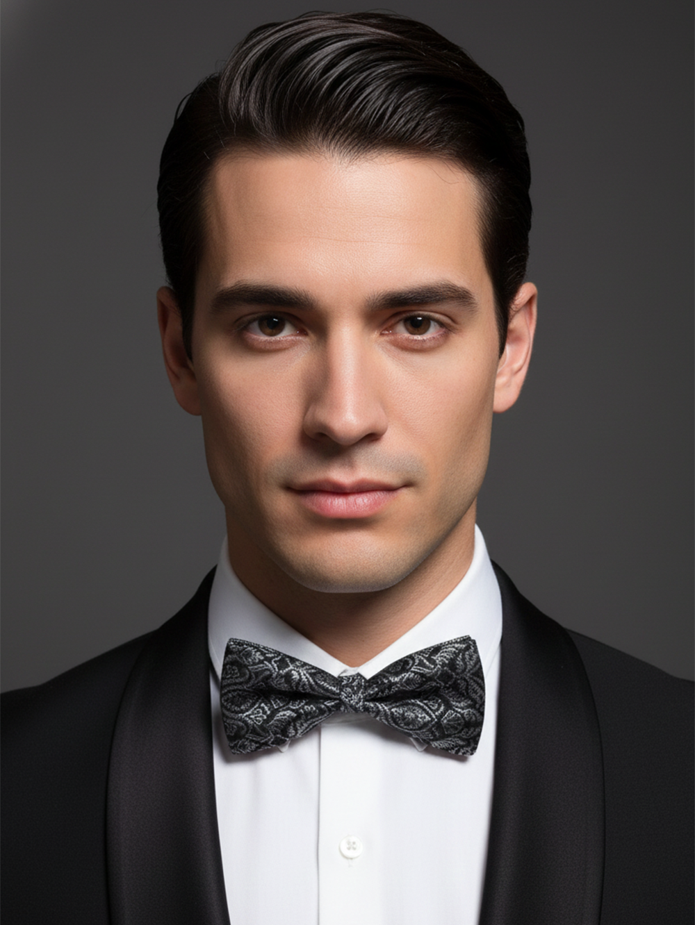 Luxury Charcoal Black and Silver Baroque Men's Bow Tie