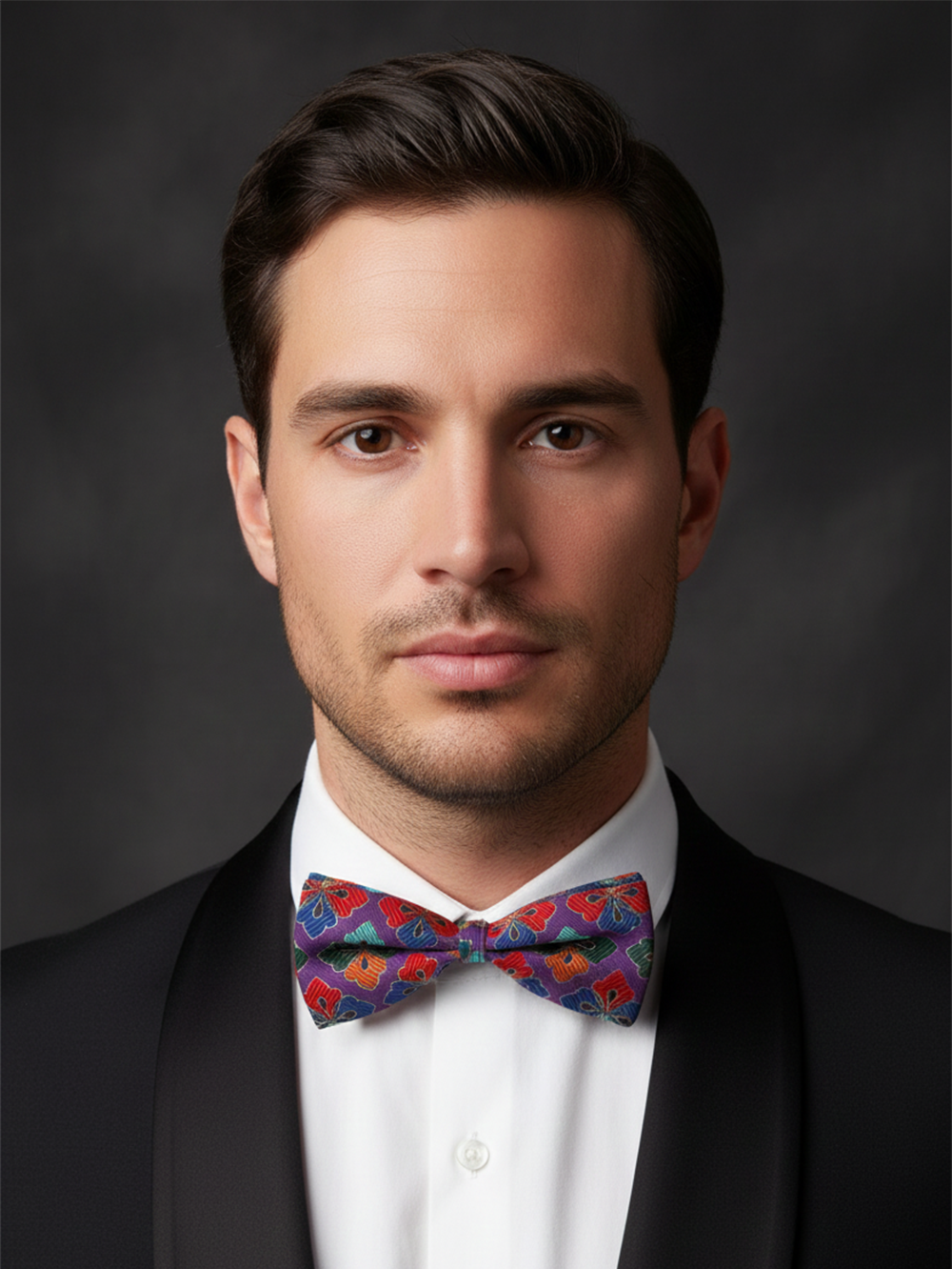 Vibrant Purple and Multicolor Floral Geometric Men's Bow Tie